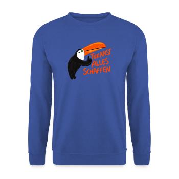 Tukanst alles schaffen – Lustiger Tukan Motiv - Unisex Pullover - Royalblau - Vorne - Alina (178cm) & Michal (187cm)