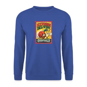  Express Delivery Eventually Lieferservice - Unisex Pullover - Royalblau - Vorne - Alina (178cm) & Michal (187cm)