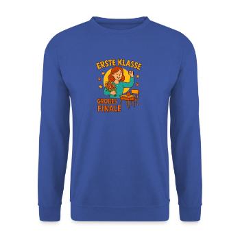 Erstes Schuljahr geschafft – Lehrkraft Geschenk - Unisex Pullover - Royalblau - Vorne - Alina (178cm) & Michal (187cm)