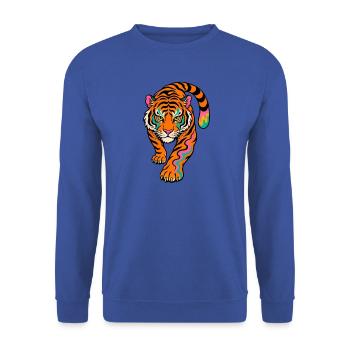 Neonfarben Tiger im Sprung - Unisex Pullover - Royalblau - Vorne - Alina (178cm) & Michal (187cm)