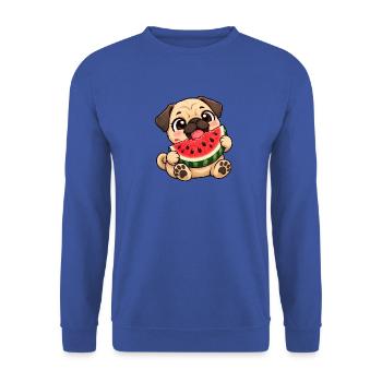 Mops Chibi Kawaii Cartoon Freude - Unisex Pullover - Royalblau - Vorne - Alina (178cm) & Michal (187cm)