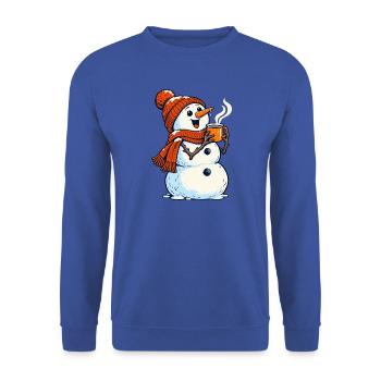 Winterwärme Schneemann mit Kaffee Tee - Unisex Pullover - Royalblau - Vorne - Alina (178cm) & Michal (187cm)