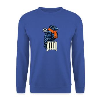 Winterkrähe mit Orangen Schal - Unisex Pullover - Royalblau - Vorne - Alina (178cm) & Michal (187cm)