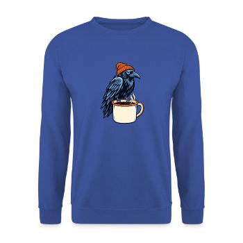 Rabe mit Mütze über Kaffeebecher - Unisex Pullover - Royalblau - Vorne - Alina (178cm) & Michal (187cm)