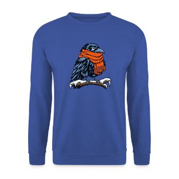 Krähe mit orangefarbenem Schal - Unisex Pullover - Royalblau - Vorne - Alina (178cm) & Michal (187cm)