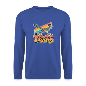 Texas Roadrunner Retro Neon - Unisex Pullover - Royalblau - Vorne - Alina (178cm) & Michal (187cm)
