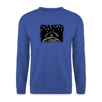 Solutions – Mädchen auf der Weltkugel unter Sterne - Unisex Pullover - Royalblau - Vorne - Alina (178cm) & Michal (187cm)
