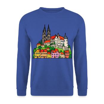 Meißen Skyline im bunten Wachsmalstil - Unisex Pullover - Royalblau - Vorne - Alina (178cm) & Michal (187cm)