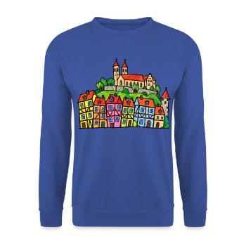 Quedlinburg Skyline im bunten Wachsmalstil - Unisex Pullover - Royalblau - Vorne - Alina (178cm) & Michal (187cm)