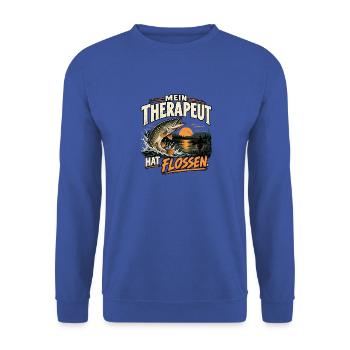 Mein Therapeut hat Flossen – Angler Geschenk - Unisex Pullover - Royalblau - Vorne - Alina (178cm) & Michal (187cm)