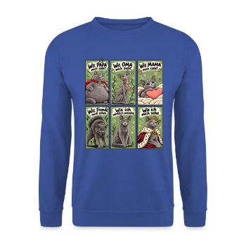 Wie andere mich sehen – Lustiges Katzenmotiv - Unisex Pullover - Royalblau - Vorne - Alina (178cm) & Michal (187cm)