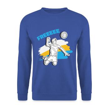 Freeeee! Volleyballer beim Angriff – Free Ball - Unisex Pullover - Royalblau - Vorne - Alina (178cm) & Michal (187cm)