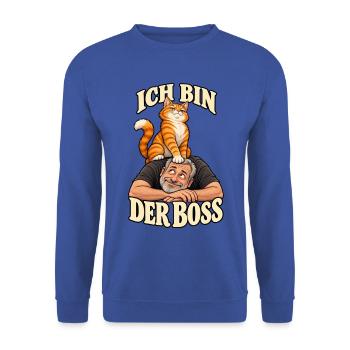 Ich bin der Chef – Katzenhumor - Unisex Pullover - Royalblau - Vorne - Alina (178cm) & Michal (187cm)