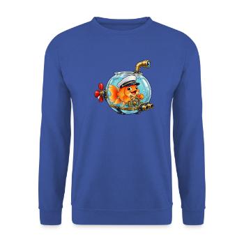 Goldfisch als Kapitän im verrückten Fischglas - Unisex Pullover - Royalblau - Vorne - Alina (178cm) & Michal (187cm)
