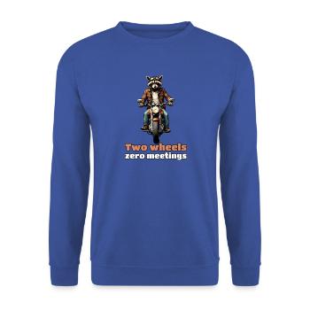 Two Wheels, Zero Meetings – Biker-Waschbär - Unisex Pullover - Royalblau - Vorne - Alina (178cm) & Michal (187cm)