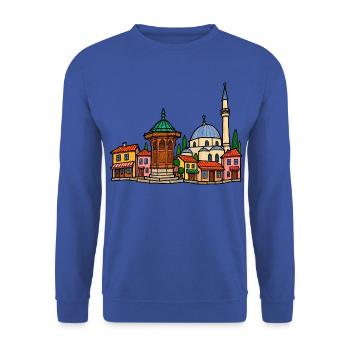 Sarajevo Skyline im bunten Wachsmalstil - Unisex Pullover - Royalblau - Vorne - Alina (178cm) & Michal (187cm)