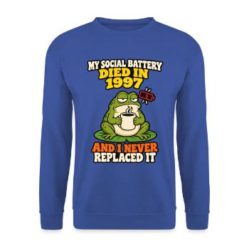 Soziale Batterie starb 1997 Lustiger introvertierter Frosch - Unisex Pullover - Royalblau - Vorne - Alina (178cm) & Michal (187cm)