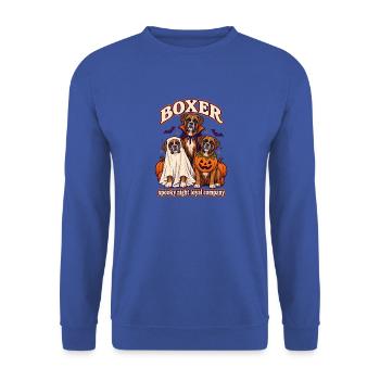 Spooky Night Loyal Company – Boxer-Halloween-Hund - Unisex Pullover - Royalblau - Vorne - Alina (178cm) & Michal (187cm)