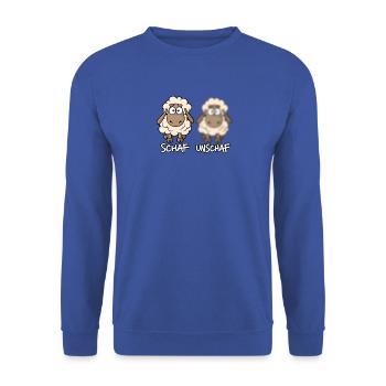 Schaf Unschaf Lustiges Schaf Wortspiel Humor - Unisex Pullover - Royalblau - Vorne - Alina (178cm) & Michal (187cm)