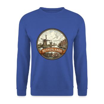 Niederländisches Reiseabzeichen Windmühlen-Kanal-Souvenir - Unisex Pullover - Royalblau - Vorne - Alina (178cm) & Michal (187cm)