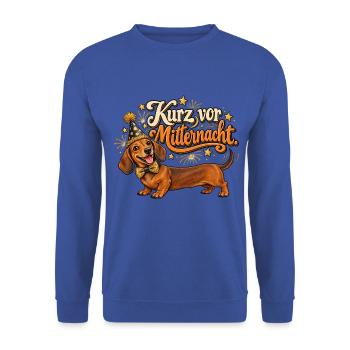 Party-Dackel – Kurz vor Mitternacht - Unisex Pullover - Royalblau - Vorne - Alina (178cm) & Michal (187cm)