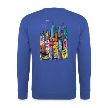NYC Rainbow Cityscape StreetArt - Unisex Pullover - Royalblau - Hinten - Michal (187cm)