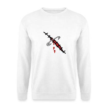wunde mit sicherheitsnadel - Unisex Pullover - Weiß - Vorne - Alina (178cm) & Michal (187cm)