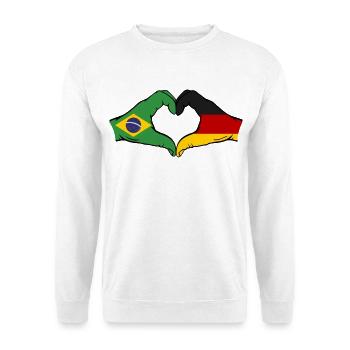 Brasilien Deutschland Flagge Haende Herzform - Unisex Pullover - Weiß - Vorne - Alina (178cm) & Michal (187cm)