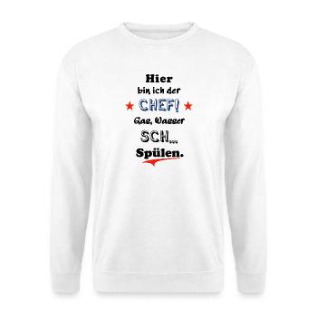 hier bin ich der chef - Unisex Pullover - Weiß - Vorne - Alina (178cm) & Michal (187cm)