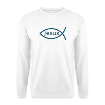 Blauer Jesusfisch Ichthys Jesus Fisch Geschenk  - Unisex Pullover - Weiß - Vorne - Alina (178cm) & Michal (187cm)