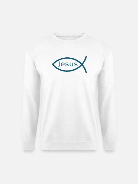 Blauer Jesusfisch Ichthys Jesus Fisch Geschenk - Unisex Pullover - Weiß