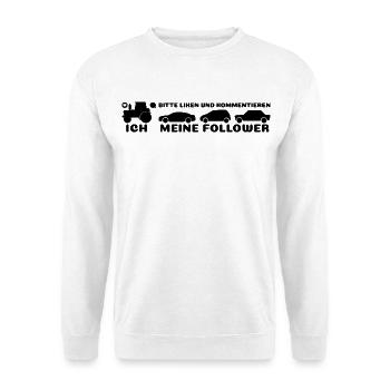 Ich, meine Follower Traktor Autos Landwirt Bauer - Unisex Pullover - Weiß - Vorne - Alina (178cm) & Michal (187cm)