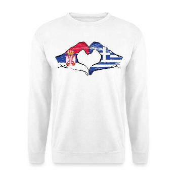 Serbien Griechenland Flagge Hände Herzform used - Unisex Pullover - Weiß - Vorne - Alina (178cm) & Michal (187cm)