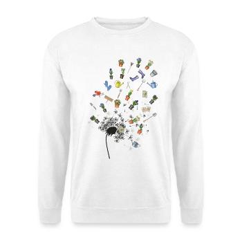 Garten in Splittern: Werkzeuge und Blumen - Unisex Pullover - Weiß - Vorne - Alina (178cm) & Michal (187cm)