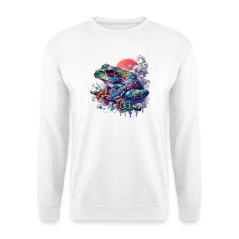 Bunter japanischer Frosch mit Sonnenuntergang - Unisex Pullover - Weiß - Vorne - Alina (178cm) & Michal (187cm)