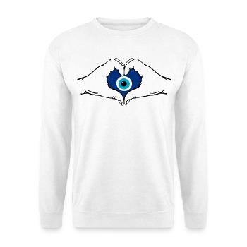Nazar Herzform mit Hände - Unisex Pullover - Weiß - Vorne - Alina (178cm) & Michal (187cm)