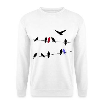 Vogel schwarze Zugvögel auf einer Stromleitung - Unisex Pullover - Weiß - Vorne - Alina (178cm) & Michal (187cm)