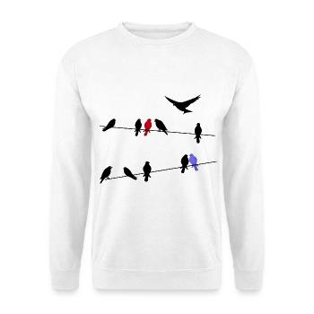 Vogel schwarze Zugvögel auf einer Stromleitung - Unisex Pullover - Weiß - Vorne - Alina (178cm) & Michal (187cm)