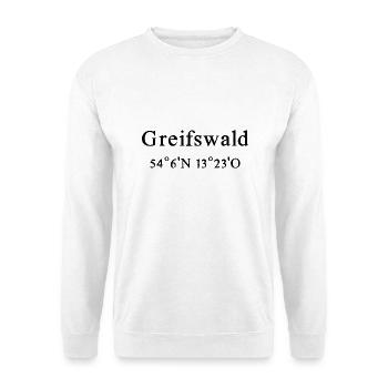 Greifswald Koordinaten - Unisex Pullover - Weiß - Vorne - Alina (178cm) & Michal (187cm)