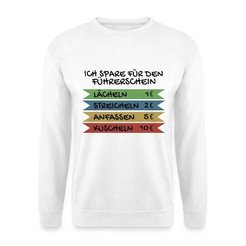 Ich spare für den Führerschein - Unisex Pullover - Weiß - Vorne - Alina (178cm) & Michal (187cm)