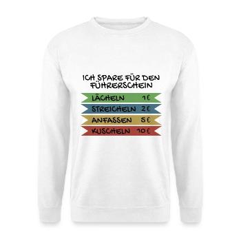 Ich spare für den Führerschein - Unisex Pullover - Weiß - Vorne - Alina (178cm) & Michal (187cm)