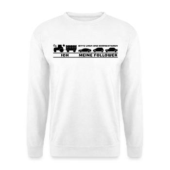 Ich meine Follower Liken und Kommentieren Landwirt - Unisex Pullover - Weiß - Vorne - Alina (178cm) & Michal (187cm)
