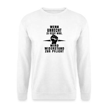 Unrecht erkennen – Widerstand zeigen - Unisex Pullover - Weiß - Vorne - Alina (178cm) & Michal (187cm)