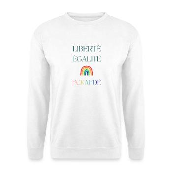 LIBERTÉ EGALITÉ FCKAFDÉ - Regenbogen Design FCKAFD - Unisex Pullover - Weiß - Vorne - Alina (178cm) & Michal (187cm)