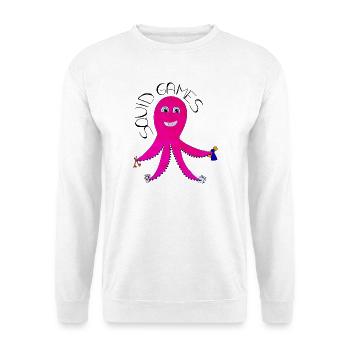 GameSquid – Tintenfisch spielt Brettspiele - Unisex Pullover - Weiß - Vorne - Alina (178cm) & Michal (187cm)