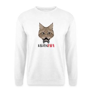 Katzenpapa - Katze mit Schnurrbart und Fliege - Unisex Pullover - Weiß - Vorne - Alina (178cm) & Michal (187cm)