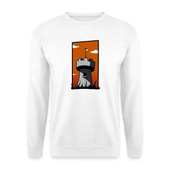 Mittelalterlicher Turm mit Sonnenuntergang - Unisex Pullover - Weiß - Vorne - Alina (178cm) & Michal (187cm)