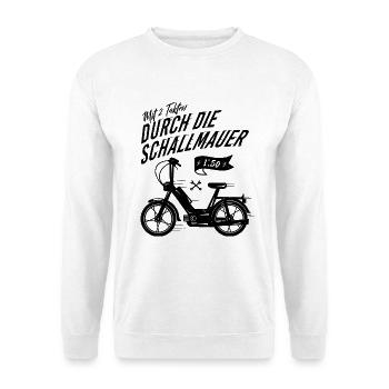 Mofa Moped Mofafahrer Mopedfahrer Motorroller - Unisex Pullover - Weiß - Vorne - Alina (178cm) & Michal (187cm)