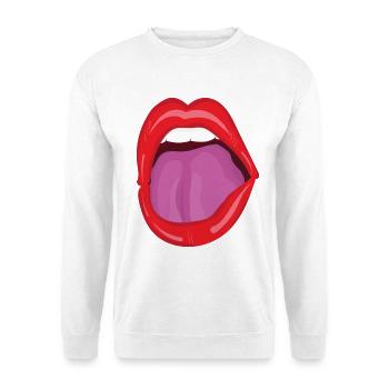 Roter Mund weit offen - Pop Art Lippen - Unisex Pullover - Weiß - Vorne - Alina (178cm) & Michal (187cm)