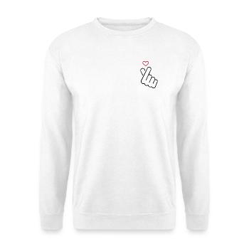 Koreanisches Handzeichen Herz - Liebe - Unisex Pullover - Weiß - Vorne - Alina (178cm) & Michal (187cm)